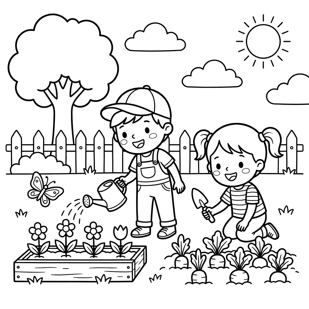 Welcome to preschool coloring page of two children playing in an outdoor school garden, watering flowers and digging in a vegetable patch